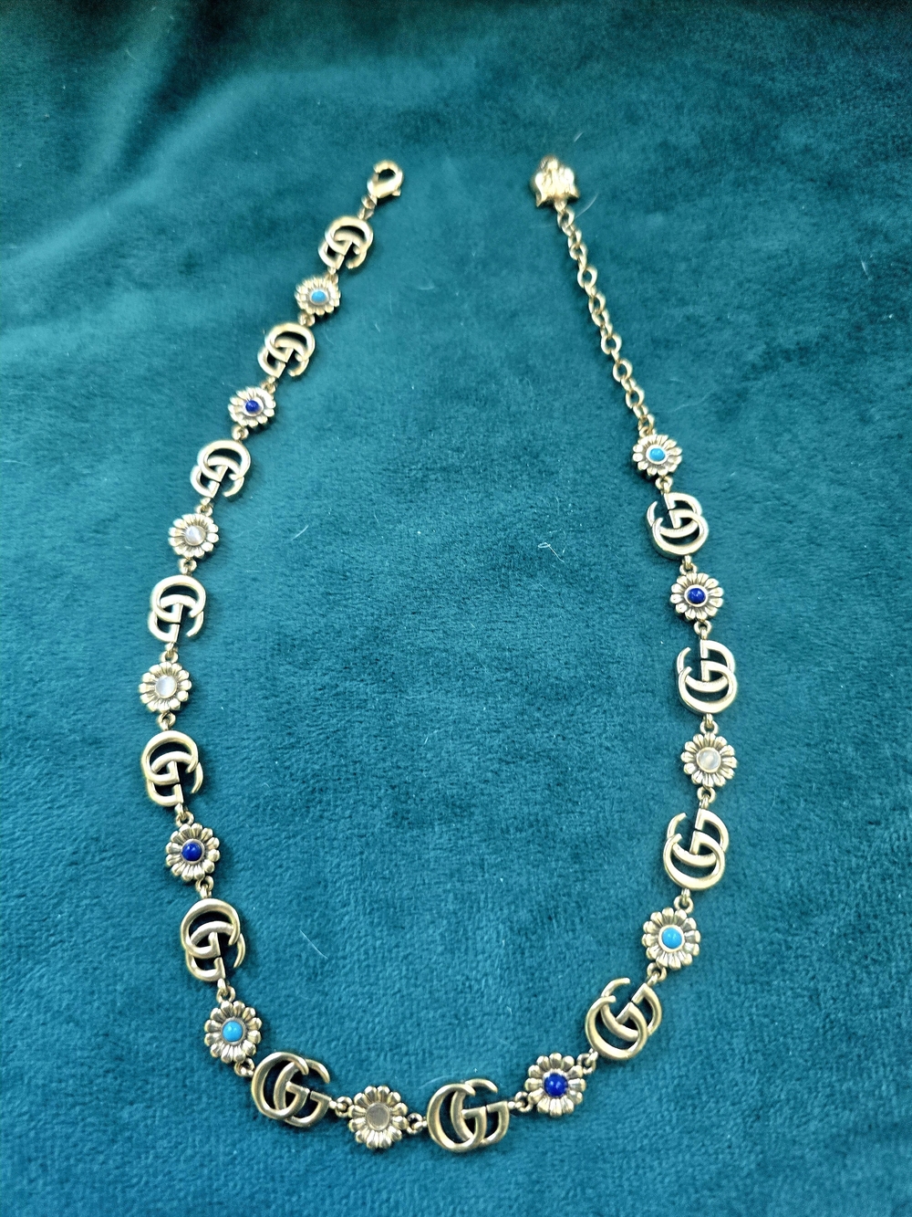 Gold Tone Floral Necklace W Blue/Turqouise & Moonstone Crystals W Extender